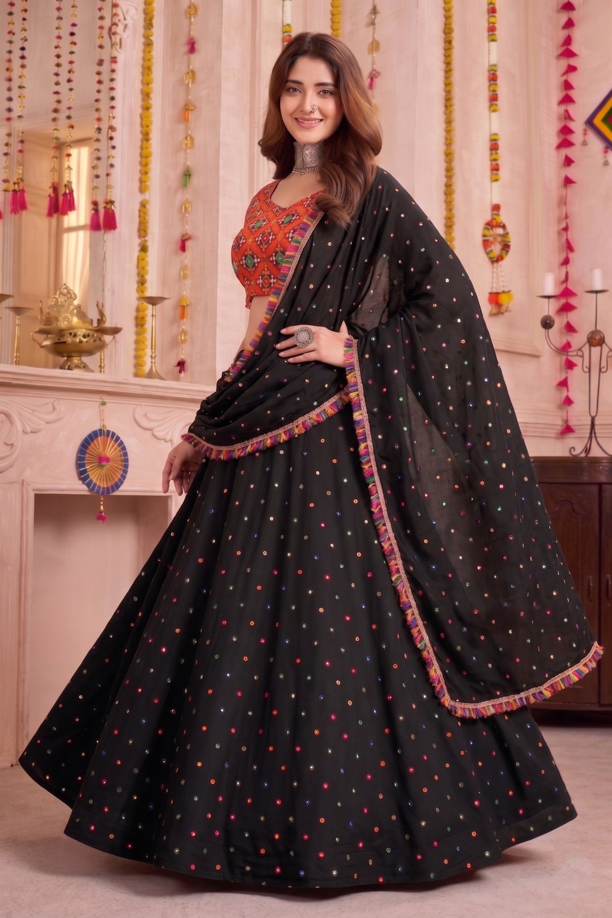 Stunning Black Multicolor Rayon Embroidery Work Designer Lehenga Choli with Dupatta