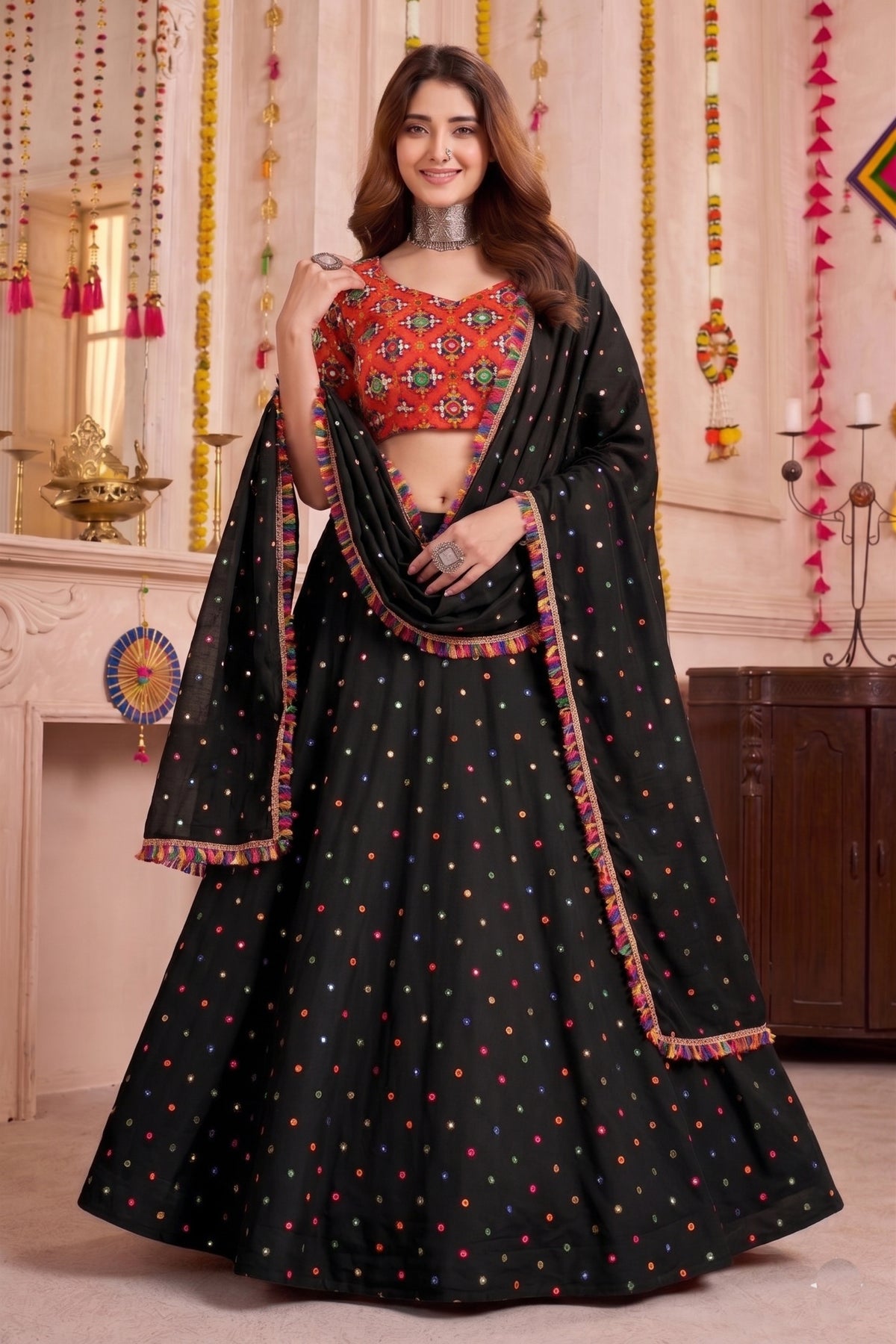 Stunning Black Multicolor Rayon Embroidery Work Designer Lehenga Choli with Dupatta