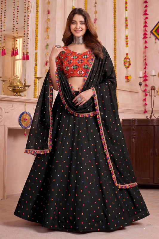 Stunning Black Multicolor Rayon Embroidery Work Designer Lehenga Choli with Dupatta