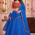 Elegant Royal Blue Multicolor Rayon Embroidery Work Designer Lehenga Choli with Dupatta