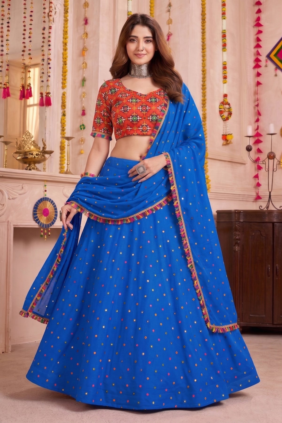 Elegant Royal Blue Multicolor Rayon Embroidery Work Designer Lehenga Choli with Dupatta