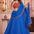 Elegant Royal Blue Multicolor Rayon Embroidery Work Designer Lehenga Choli with Dupatta