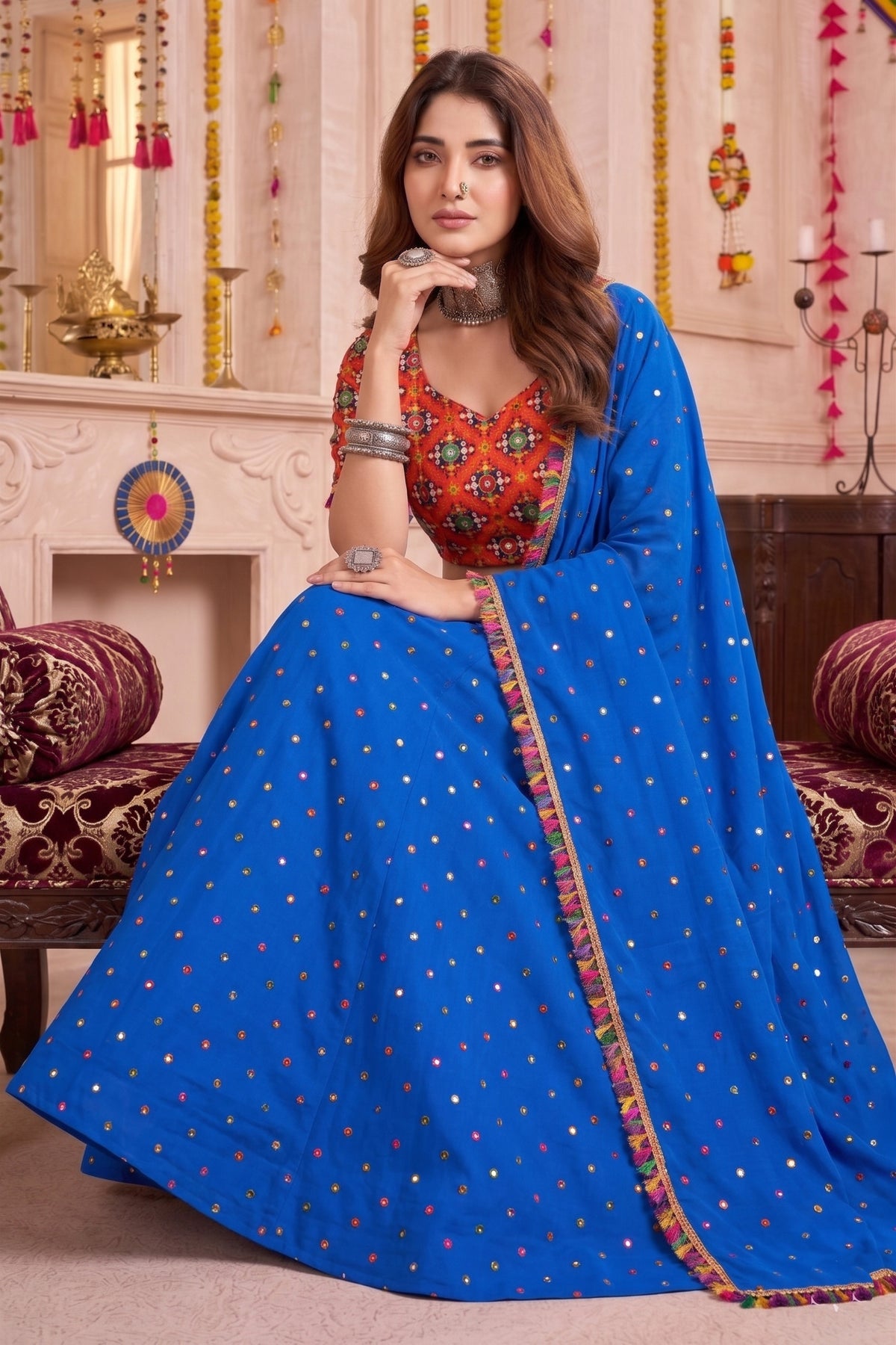 Elegant Royal Blue Multicolor Rayon Embroidery Work Designer Lehenga Choli with Dupatta