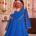 Elegant Royal Blue Multicolor Rayon Embroidery Work Designer Lehenga Choli with Dupatta