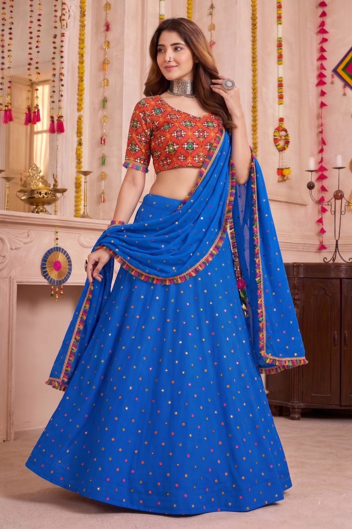 Elegant Royal Blue Multicolor Rayon Embroidery Work Designer Lehenga Choli with Dupatta