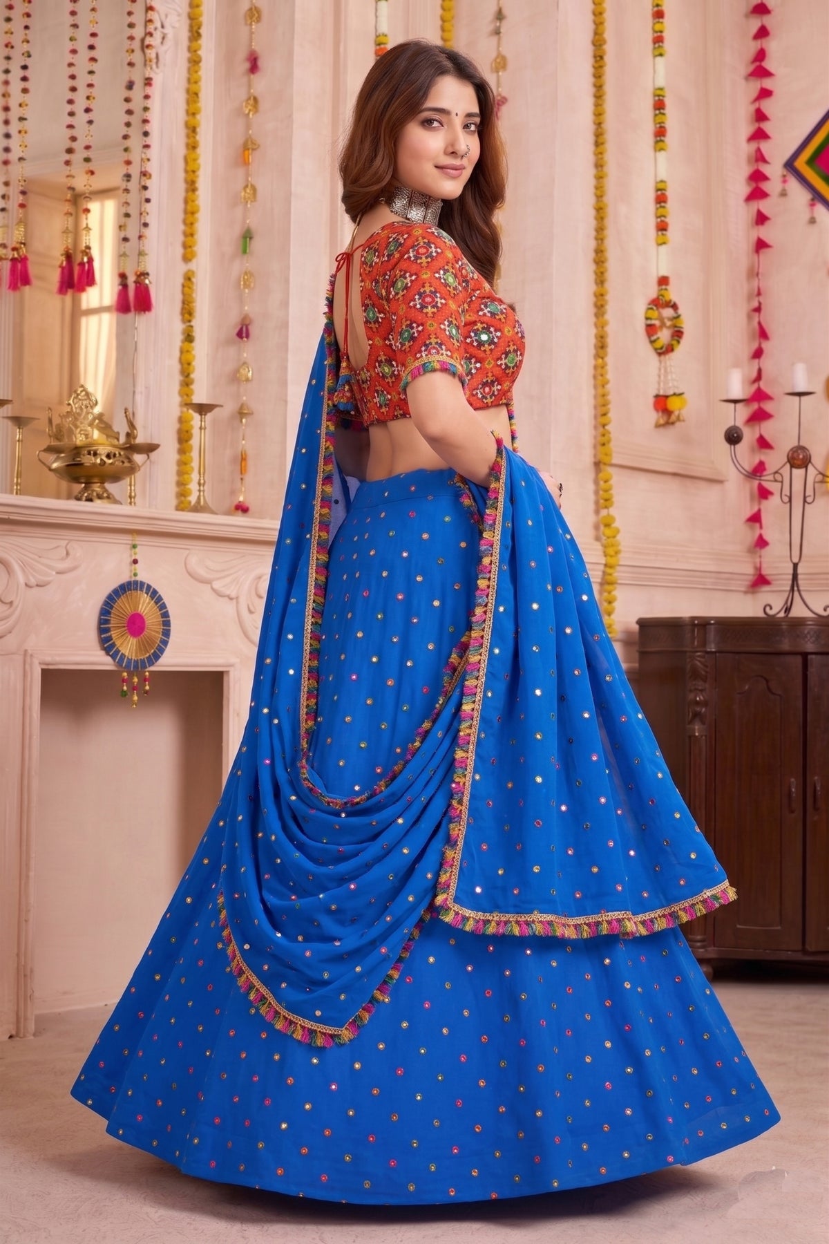 Elegant Royal Blue Multicolor Rayon Embroidery Work Designer Lehenga Choli with Dupatta