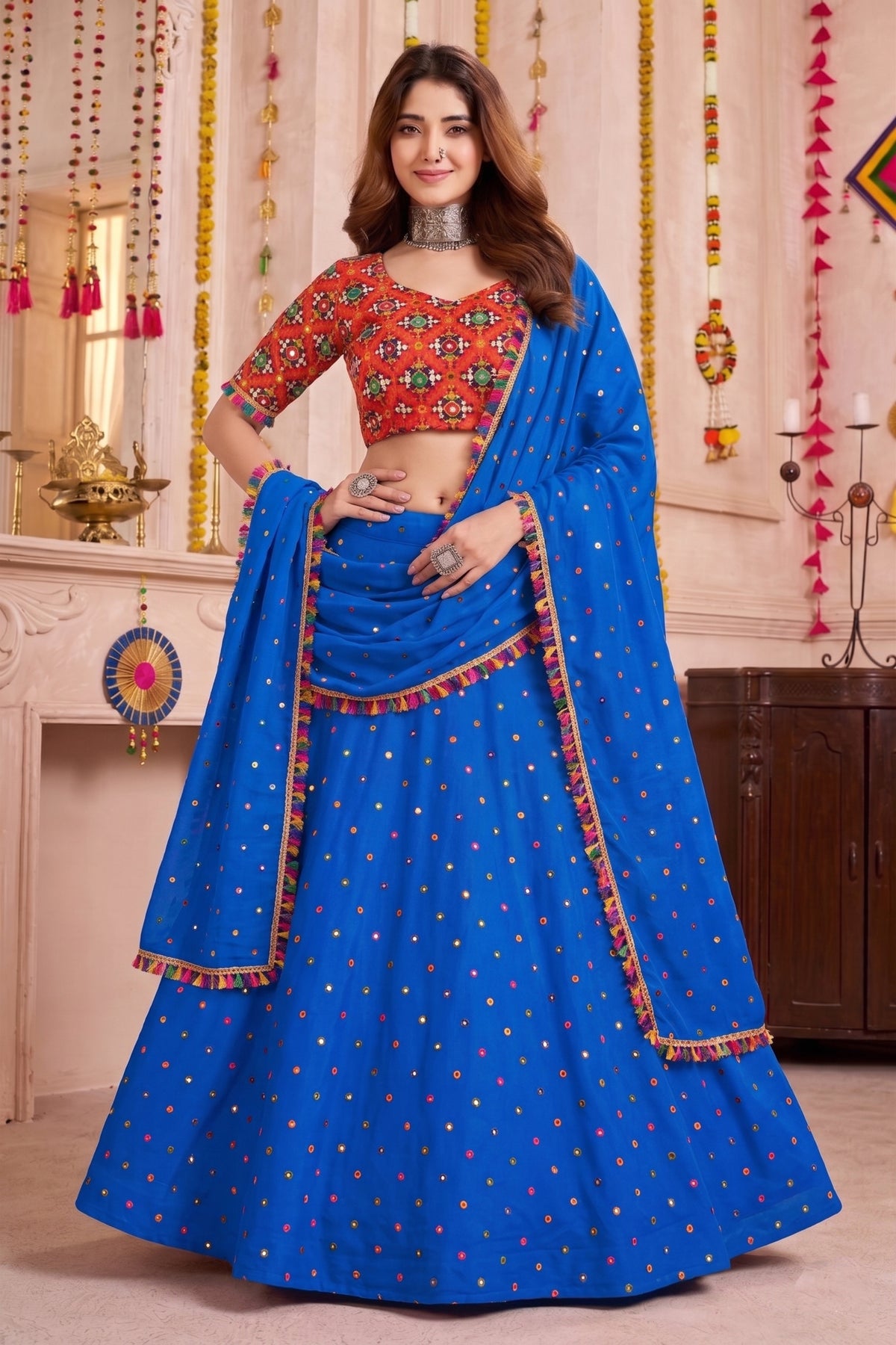 Elegant Royal Blue Multicolor Rayon Embroidery Work Designer Lehenga Choli with Dupatta