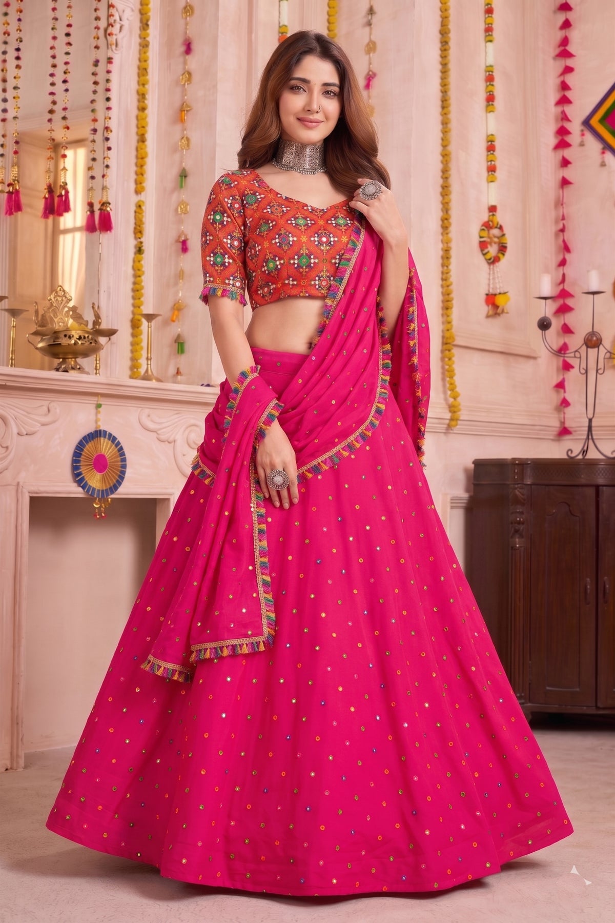 Stylish Rani Pink Multicolor Rayon Embroidery Work Designer Lehenga Choli with Dupatta