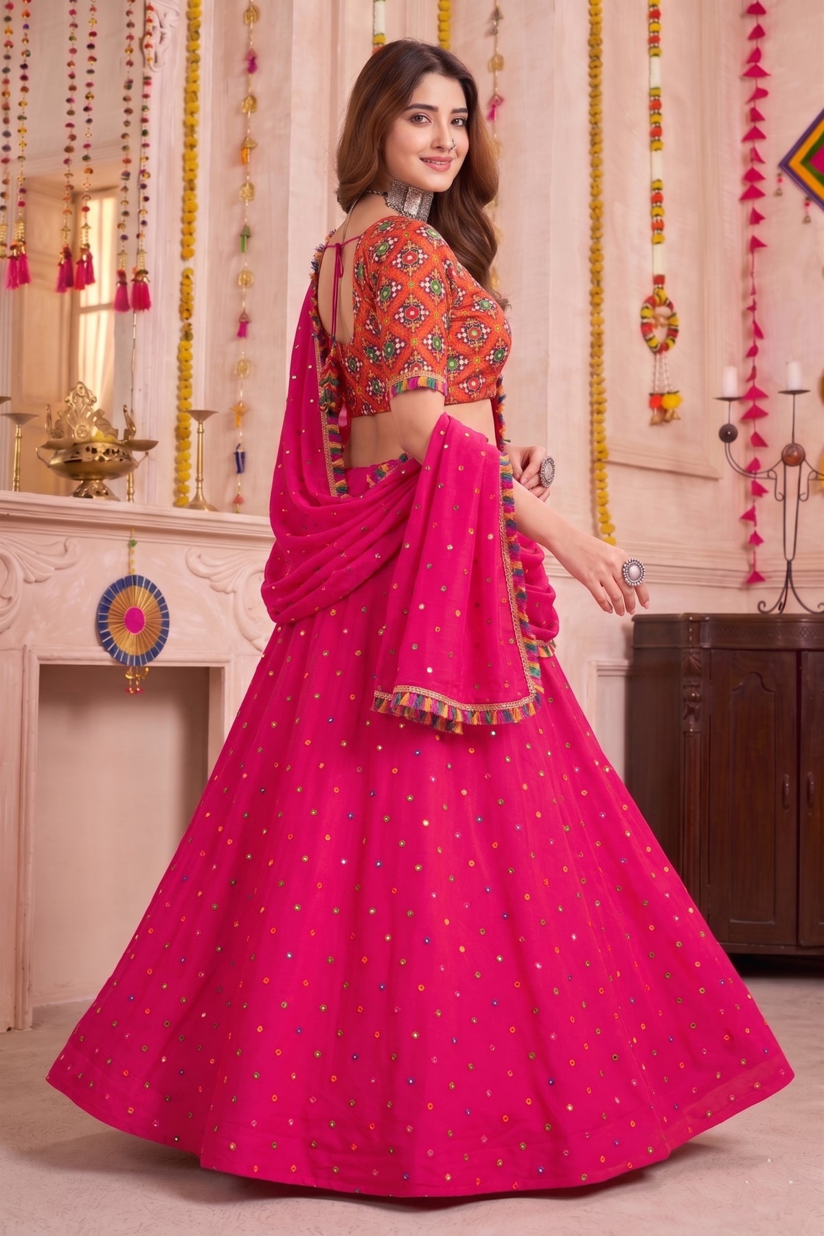 Stylish Rani Pink Multicolor Rayon Embroidery Work Designer Lehenga Choli with Dupatta