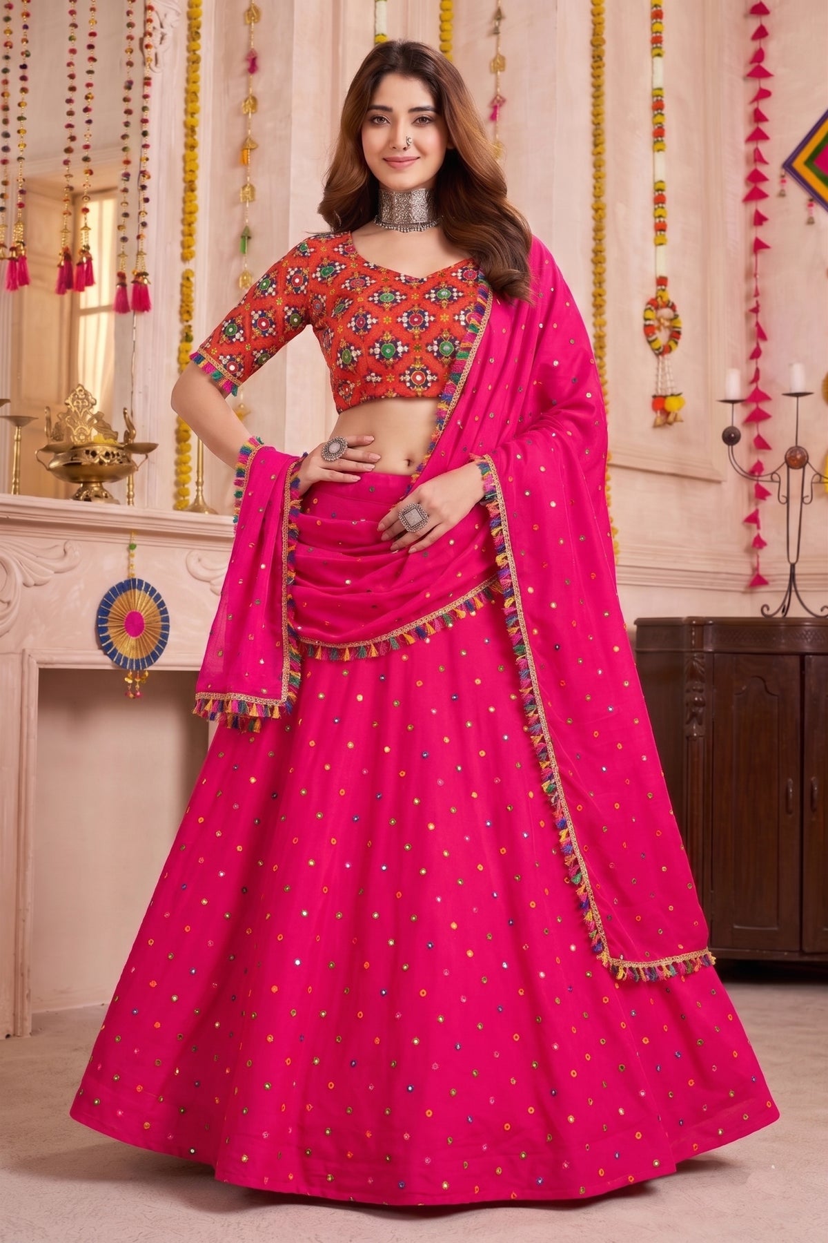 Stylish Rani Pink Multicolor Rayon Embroidery Work Designer Lehenga Choli with Dupatta