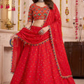 Admirable Red Multicolor Rayon Embroidery Work Designer Lehenga Choli with Dupatta