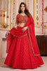 Admirable Red Multicolor Rayon Embroidery Work Designer Lehenga Choli with Dupatta