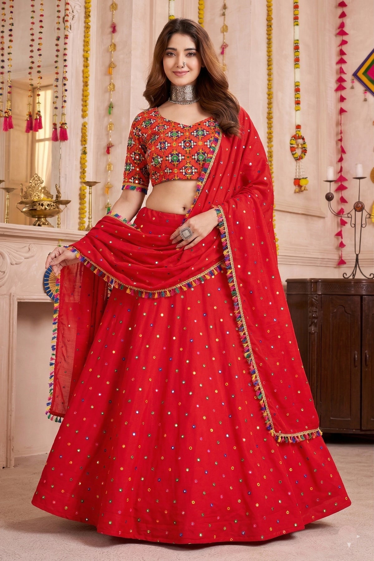 Admirable Red Multicolor Rayon Embroidery Work Designer Lehenga Choli with Dupatta