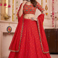 Admirable Red Multicolor Rayon Embroidery Work Designer Lehenga Choli with Dupatta