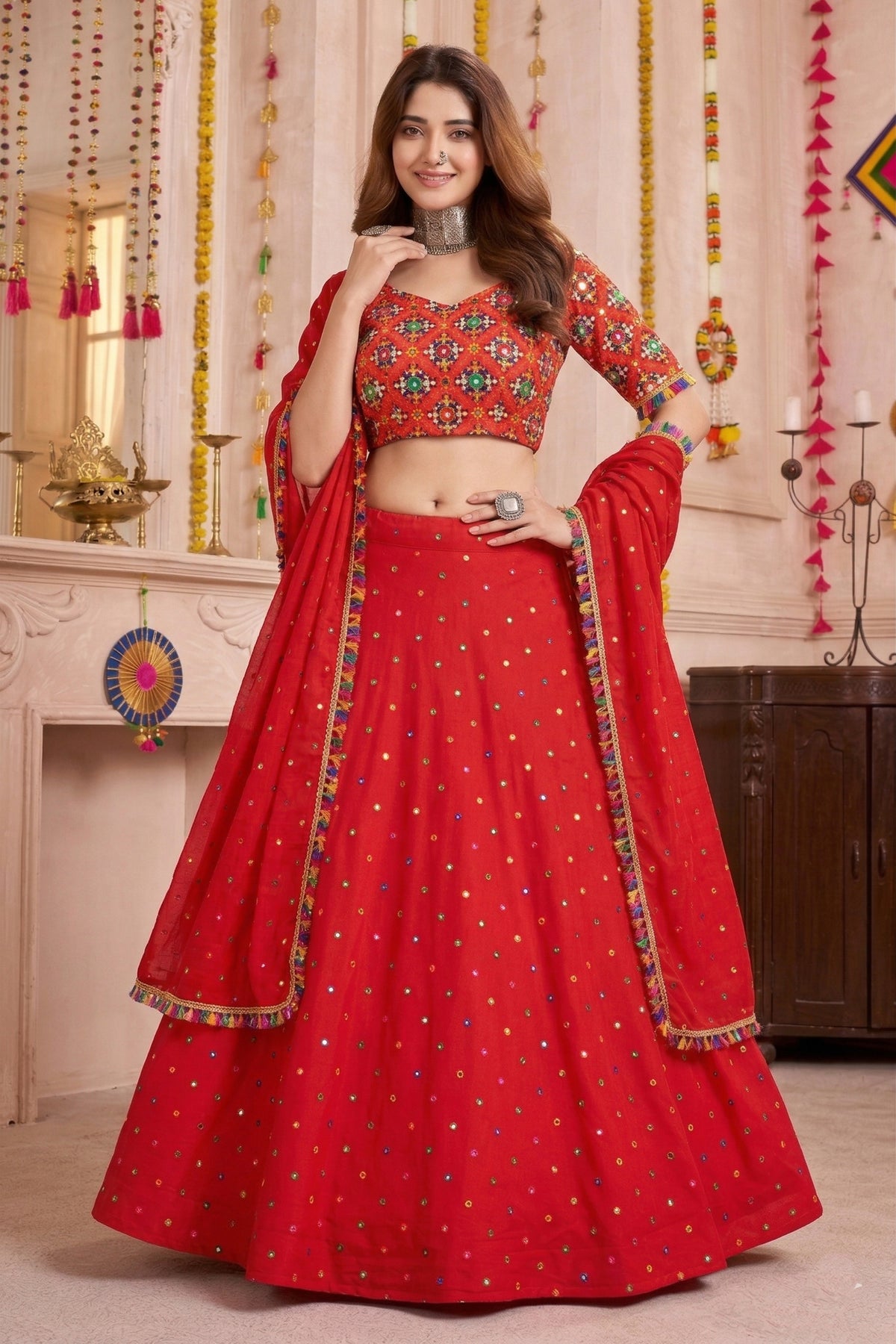 Admirable Red Multicolor Rayon Embroidery Work Designer Lehenga Choli with Dupatta