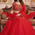 Admirable Red Multicolor Rayon Embroidery Work Designer Lehenga Choli with Dupatta