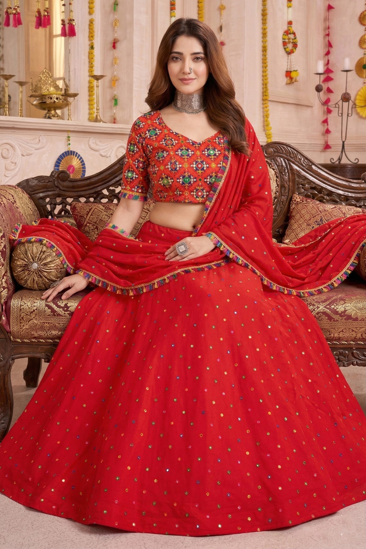 Admirable Red Multicolor Rayon Embroidery Work Designer Lehenga Choli with Dupatta