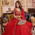 Admirable Red Multicolor Rayon Embroidery Work Designer Lehenga Choli with Dupatta