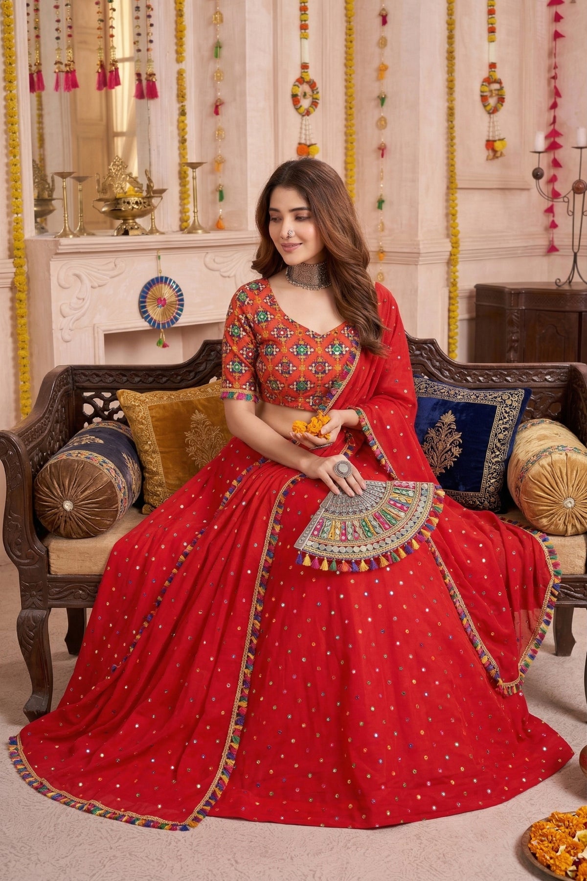 Admirable Red Multicolor Rayon Embroidery Work Designer Lehenga Choli with Dupatta