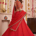 Admirable Red Multicolor Rayon Embroidery Work Designer Lehenga Choli with Dupatta