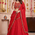 Admirable Red Multicolor Rayon Embroidery Work Designer Lehenga Choli with Dupatta
