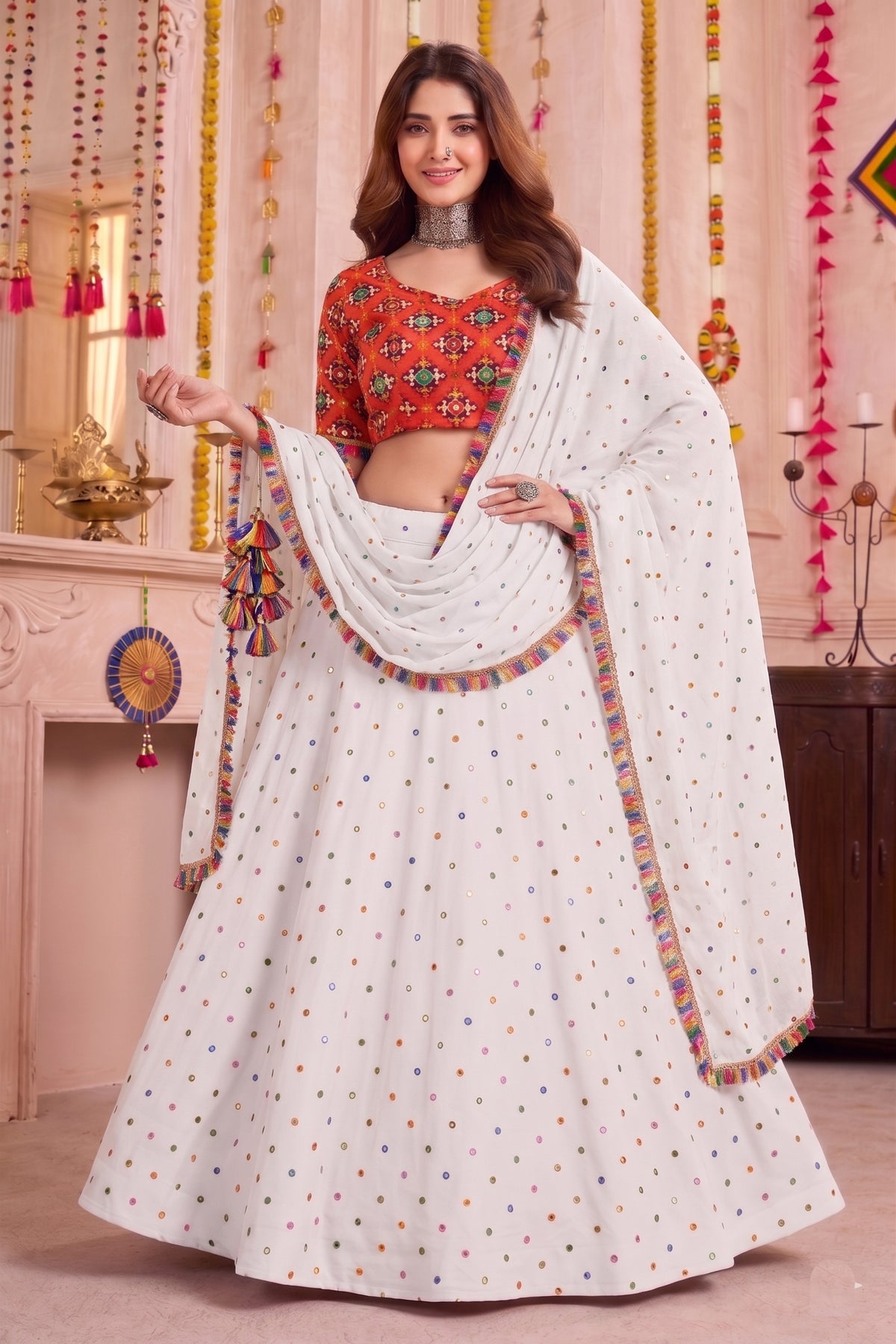 Traditional White Multicolor Rayon Embroidery Work Designer Lehenga Choli with Dupatta