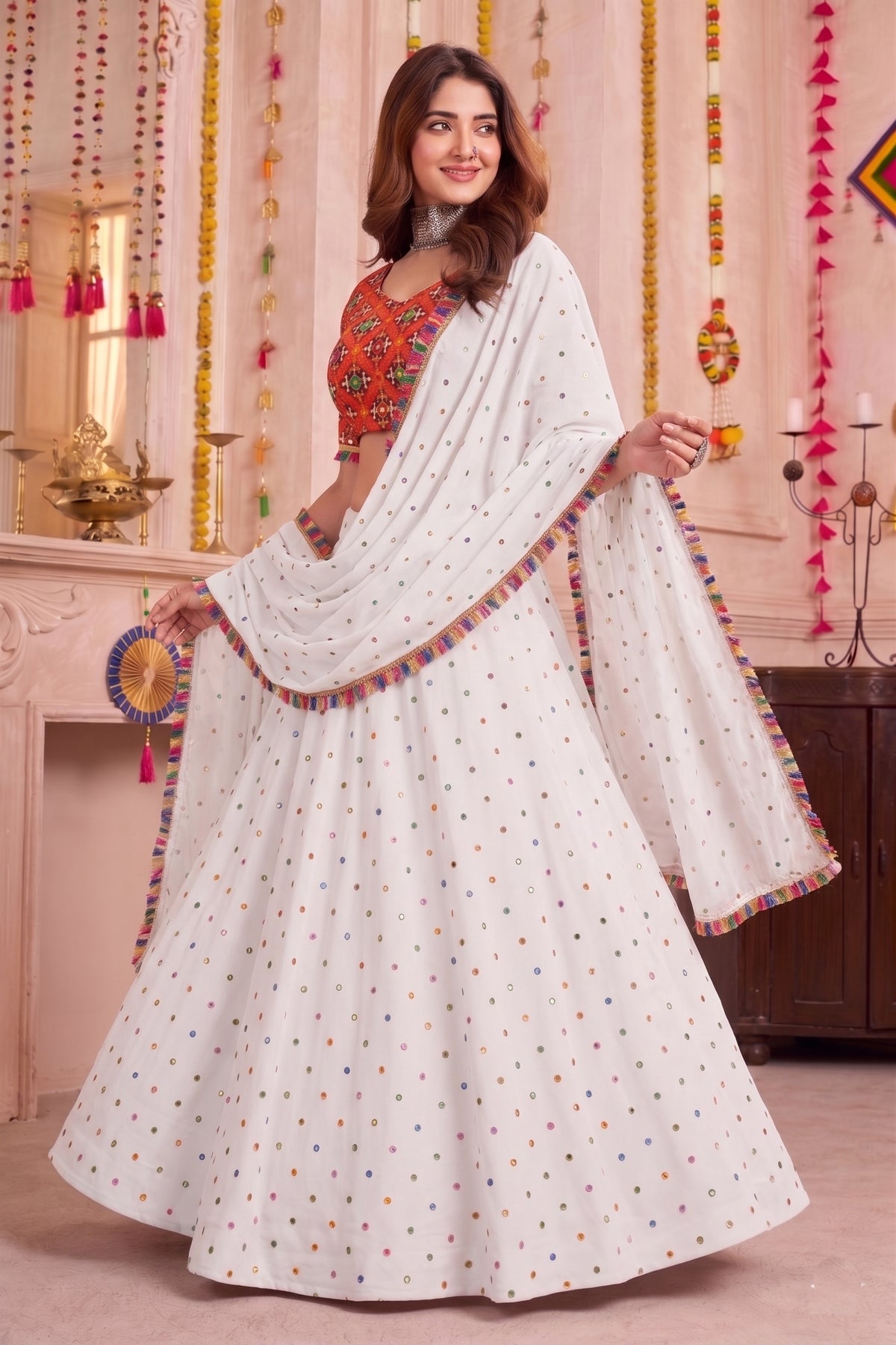 Traditional White Multicolor Rayon Embroidery Work Designer Lehenga Choli with Dupatta