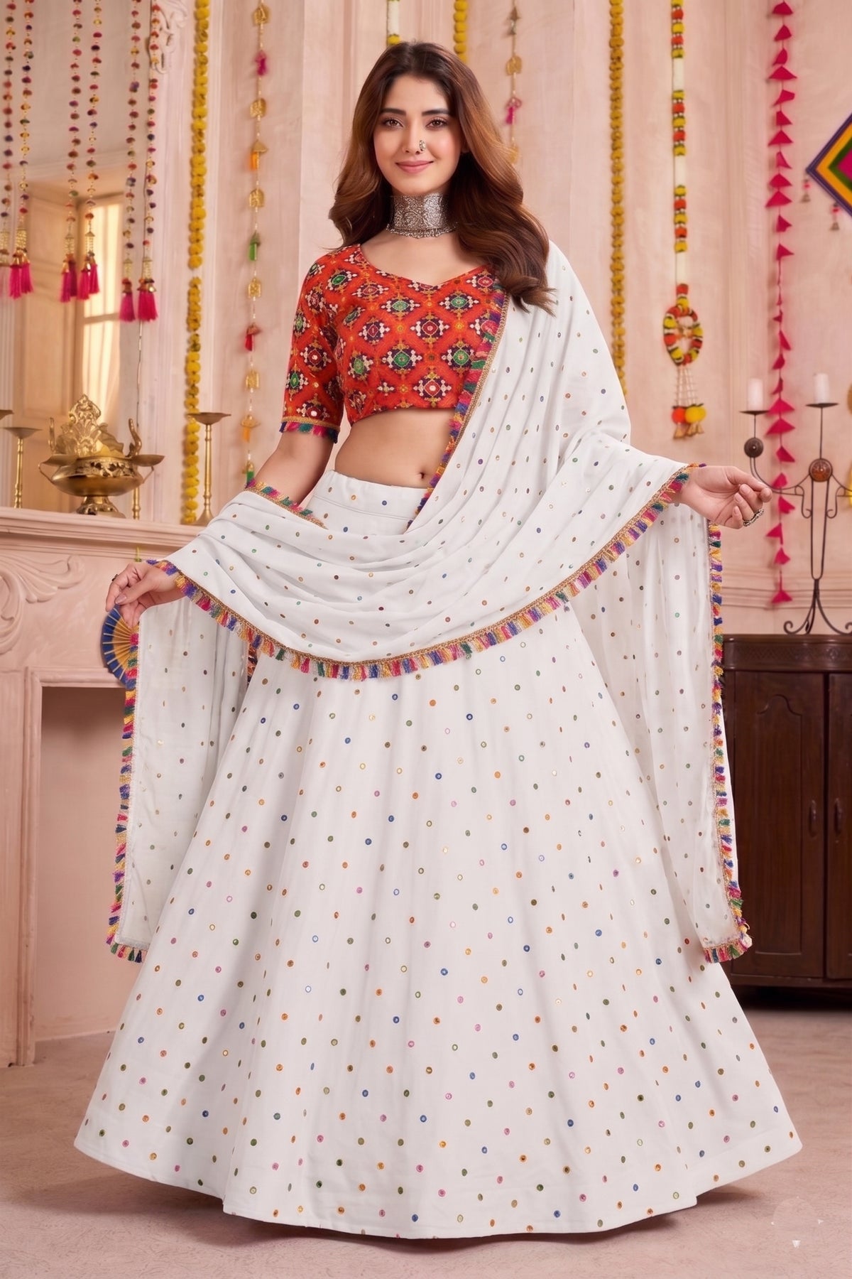Traditional White Multicolor Rayon Embroidery Work Designer Lehenga Choli with Dupatta