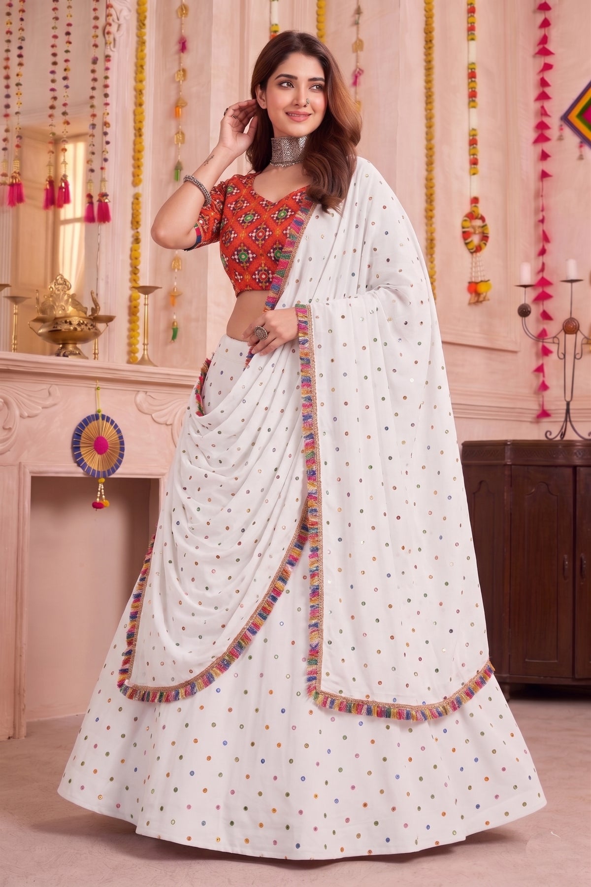 Traditional White Multicolor Rayon Embroidery Work Designer Lehenga Choli with Dupatta
