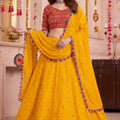 Glorious Yellow Multicolor Rayon Embroidery Work Designer Lehenga Choli with Dupatta