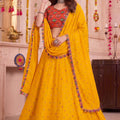 Glorious Yellow Multicolor Rayon Embroidery Work Designer Lehenga Choli with Dupatta