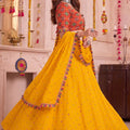 Glorious Yellow Multicolor Rayon Embroidery Work Designer Lehenga Choli with Dupatta