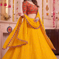 Glorious Yellow Multicolor Rayon Embroidery Work Designer Lehenga Choli with Dupatta