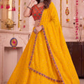 Glorious Yellow Multicolor Rayon Embroidery Work Designer Lehenga Choli with Dupatta