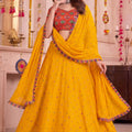 Glorious Yellow Multicolor Rayon Embroidery Work Designer Lehenga Choli with Dupatta