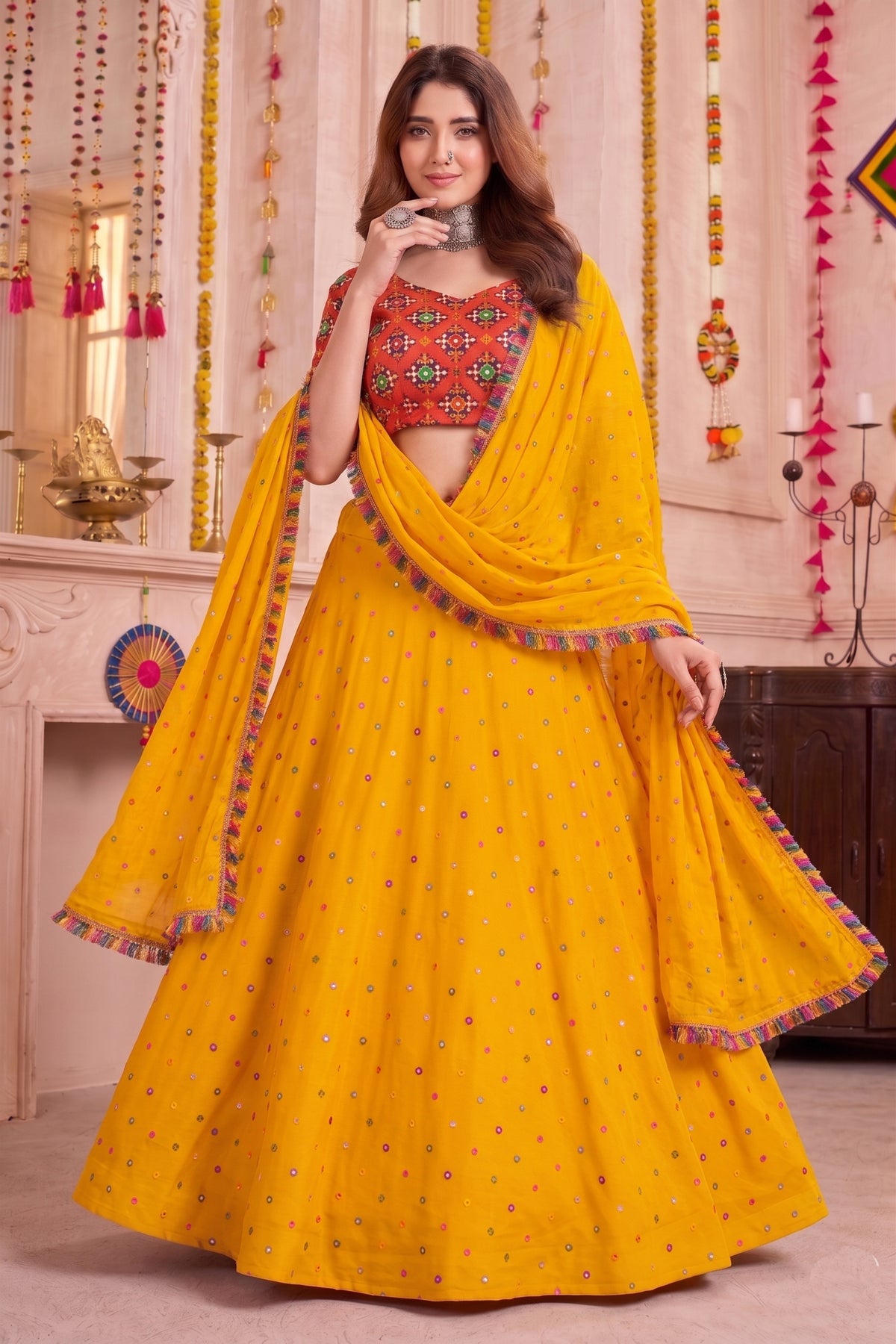 Glorious Yellow Multicolor Rayon Embroidery Work Designer Lehenga Choli with Dupatta