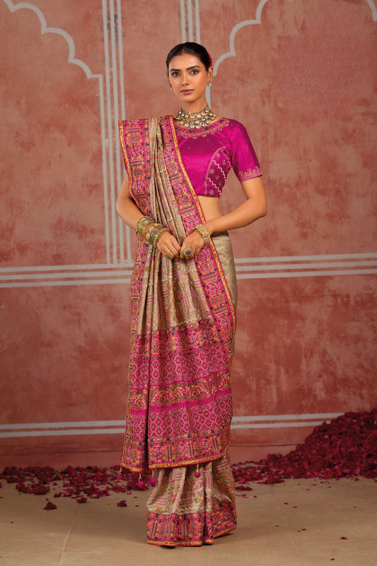 Stylish Beige Shana Silk Saree Kachhi Work for Women