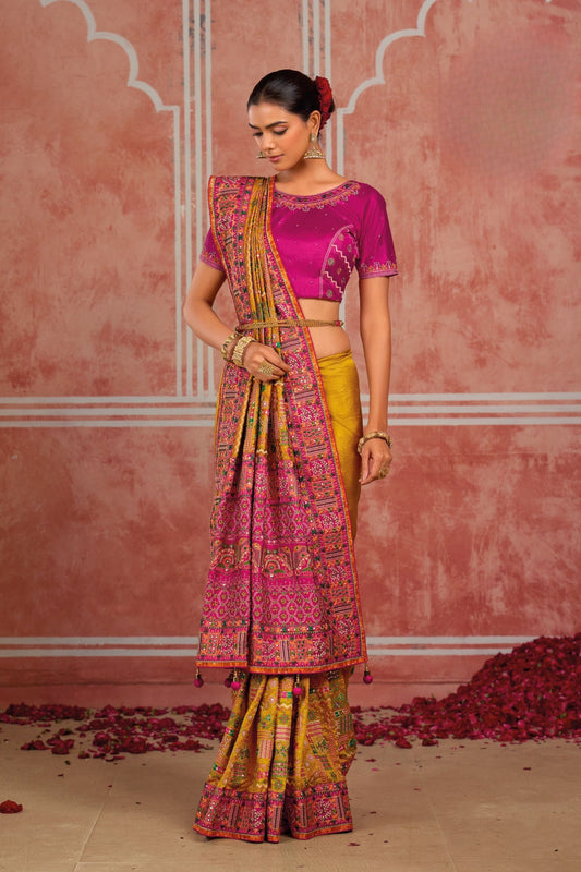 Premium Mustard Yellow Shana Silk Saree Kachhi Work for Women