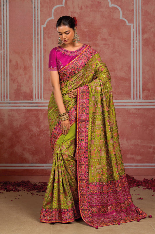 Graceful Olive Green Shana Silk Saree Kachhi Work for Women
