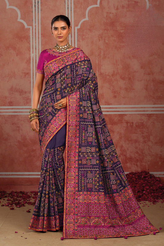 Royal Navy Blue Shana Silk Saree Kachhi Work for Women