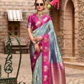 Sky Blue And Magenta with Gold Zari Motifs and Rich Border 