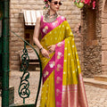  Mustard Yellow Magenta with Gold Zari Motifs and Rich Woven Border