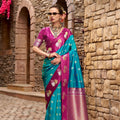Teal Blue Magenta with Gold Zari Motifs and Rich Woven Border