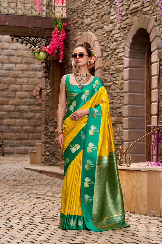  Yellow Emerald Green with Gold Zari Motifs and Rich Woven Border