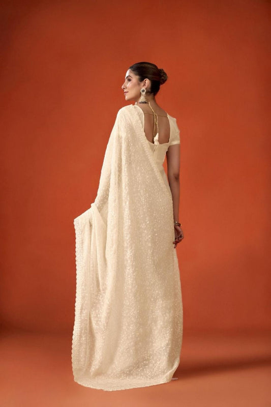 Off-White Embroidered Saree with Matching Blouse Party Wear Saree