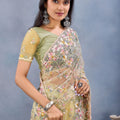 Pastel Yellow Floral Embroidered Net Saree with Designer Border