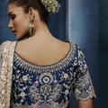 Silver Grey Embroidered Designer Saree Heavy Border Contrast Blouse