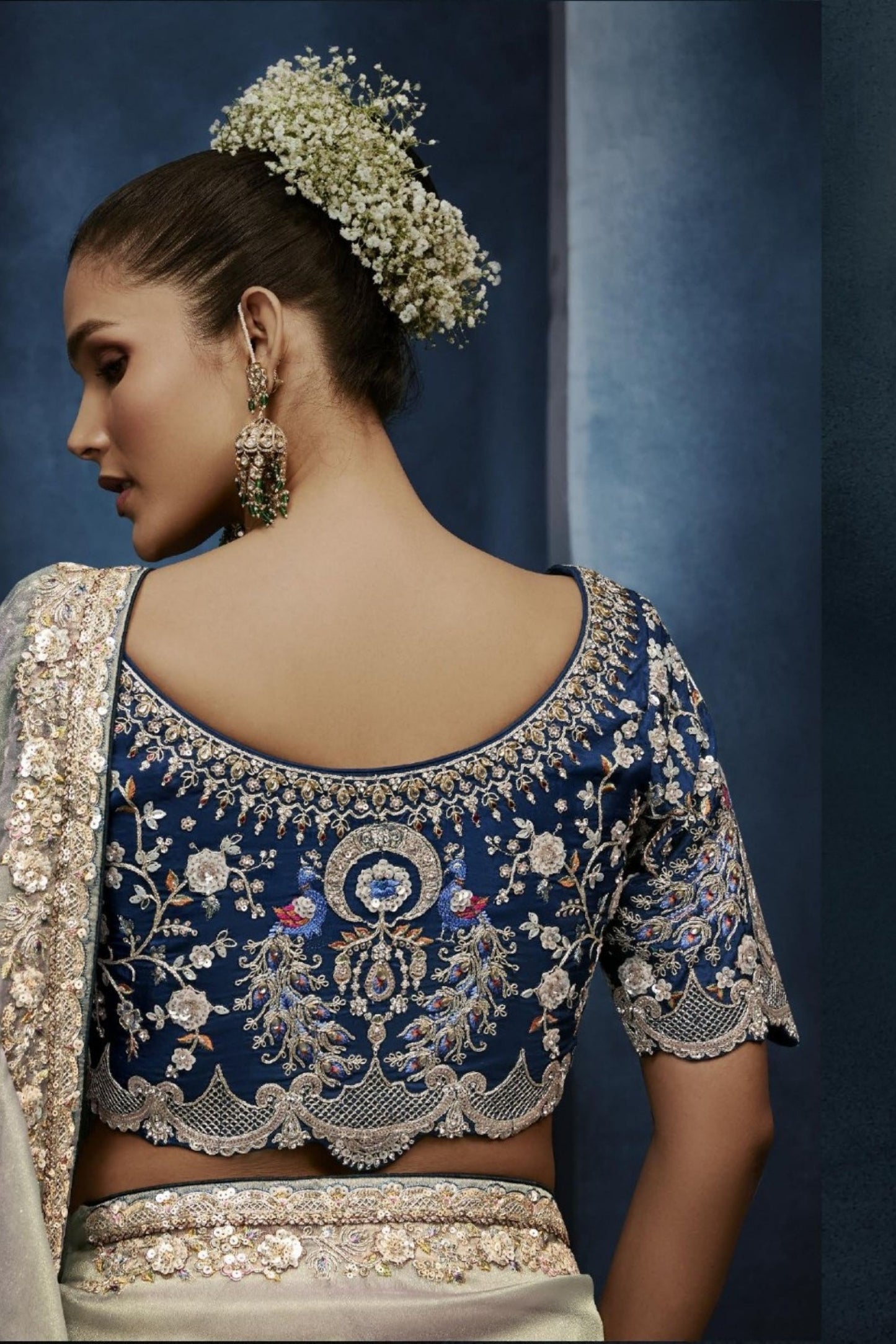 Silver Grey Embroidered Designer Saree Heavy Border Contrast Blouse