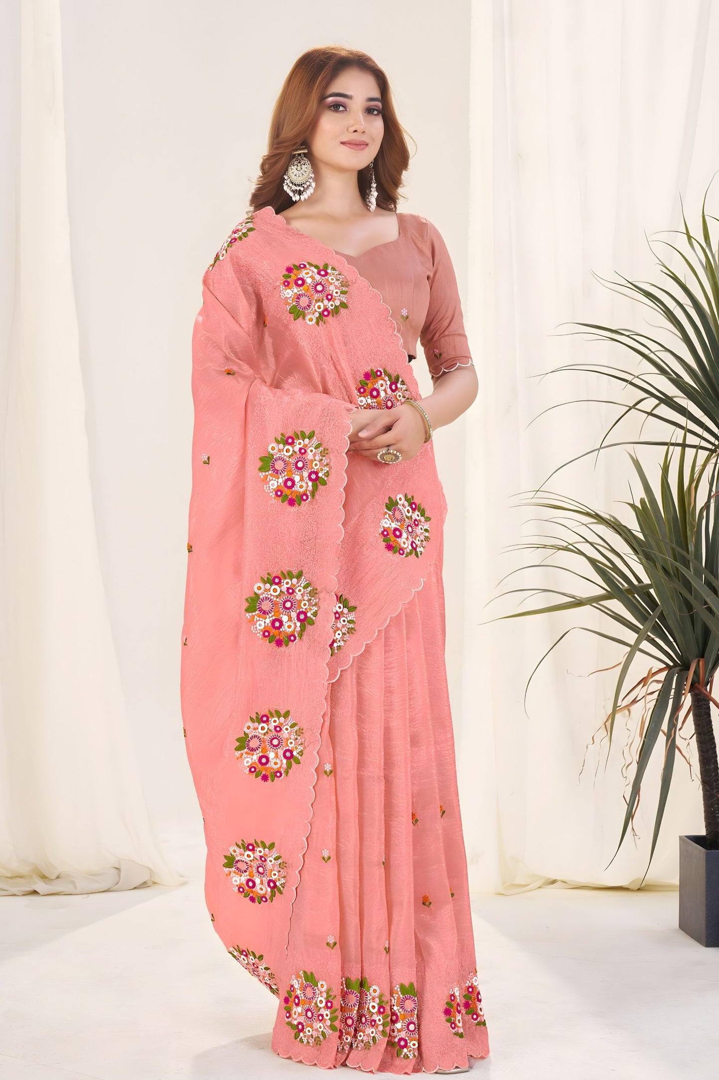 Peach Organza Saree with Floral Embroidery Designer Blouse