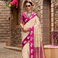  Cream Magenta with Gold Zari Motifs and Rich Woven Border 